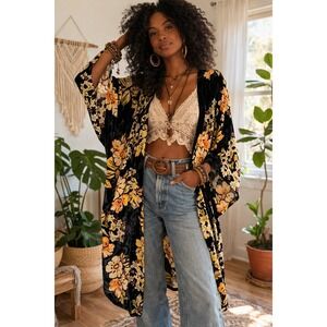 Woven Heart Floral Velvet Burnout Kimono Duster Boho Open Front Festival Hippie